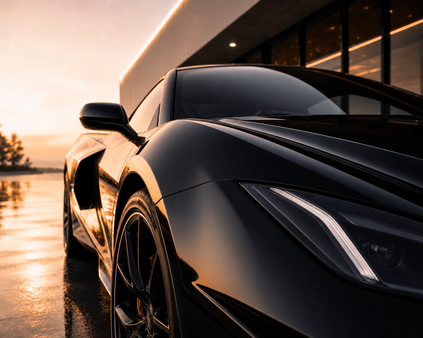 Glossy black sports car front detail at sunset