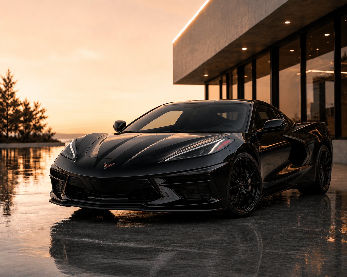 Black sports car detailed to a glossy finish at sunset