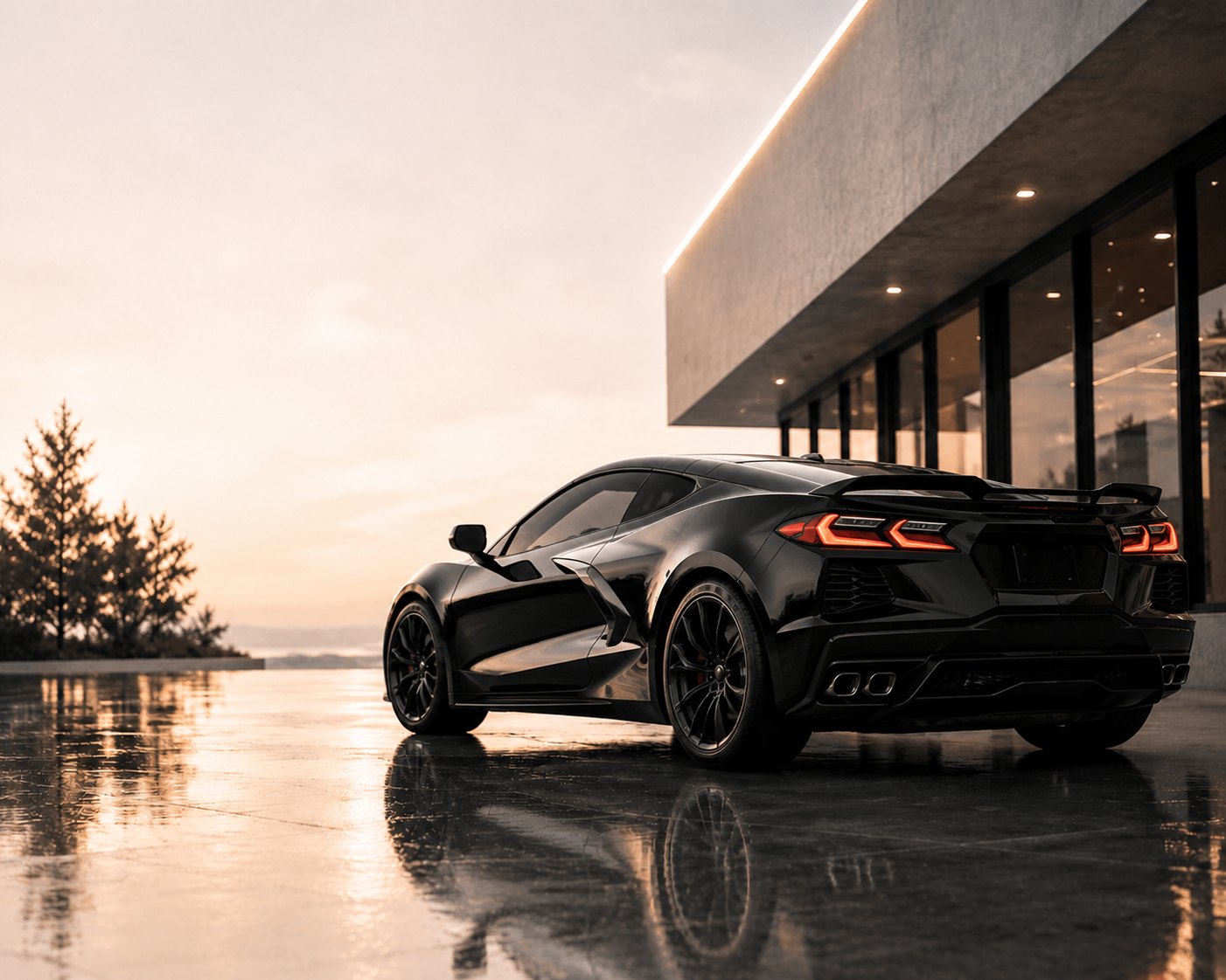 Glossy black sports car rear detailed at sunset