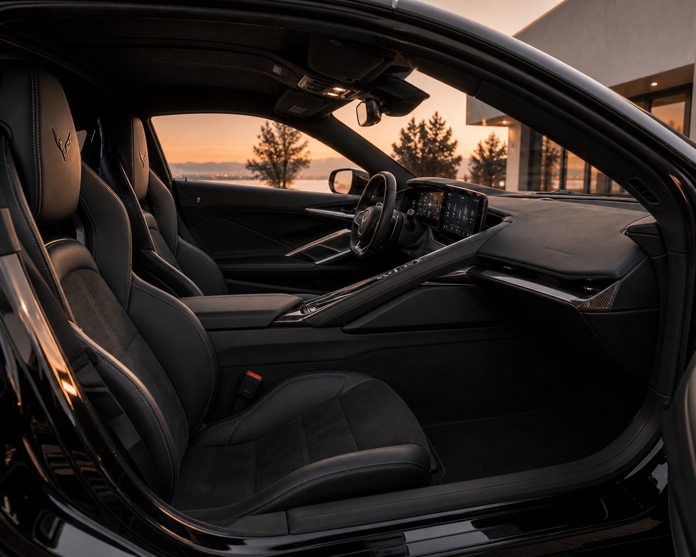 Detailed black leather sports car interior at sunset