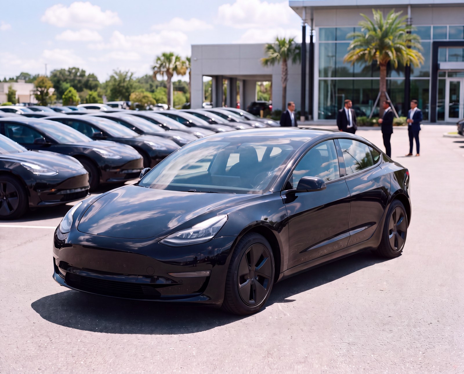 Black sedan in front of a dealership lot with business partners talking