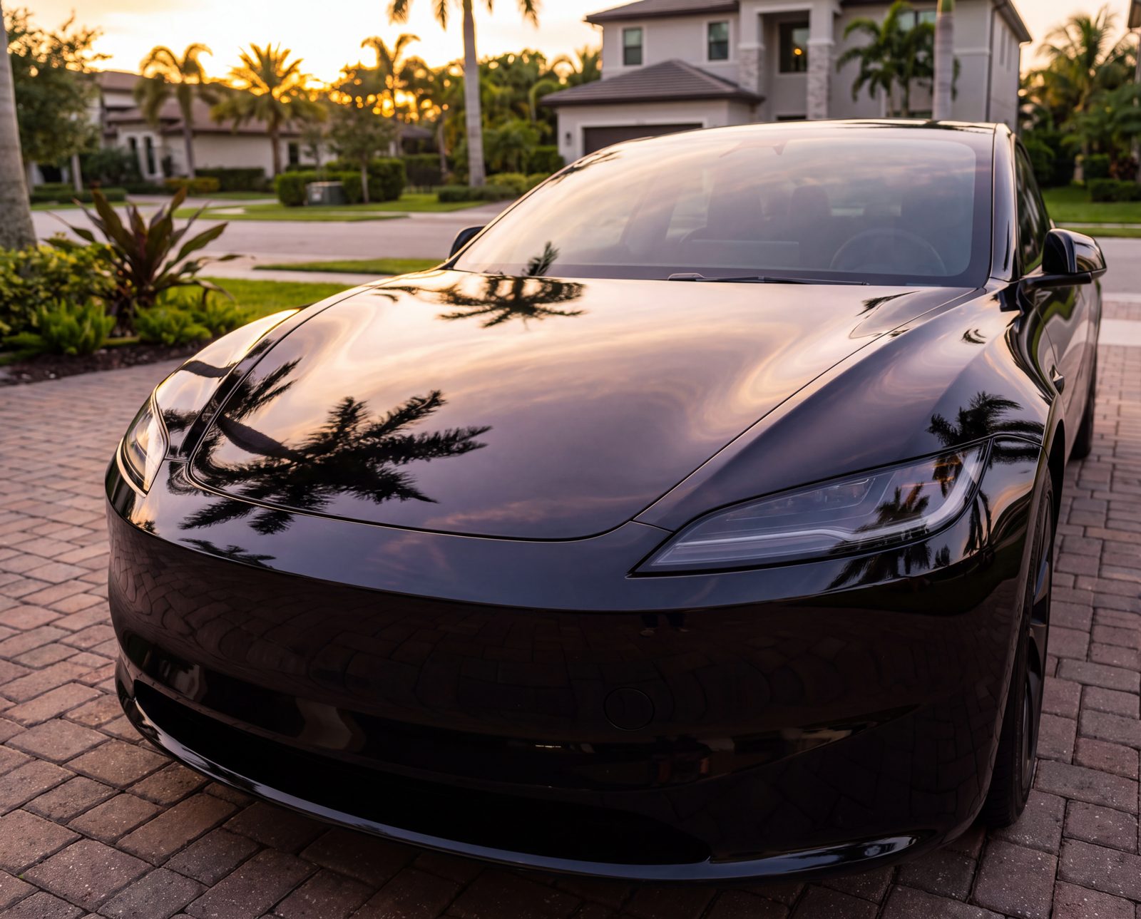 Mirror-gloss ceramic-coated black car reflecting palm trees in a Florida home driveway