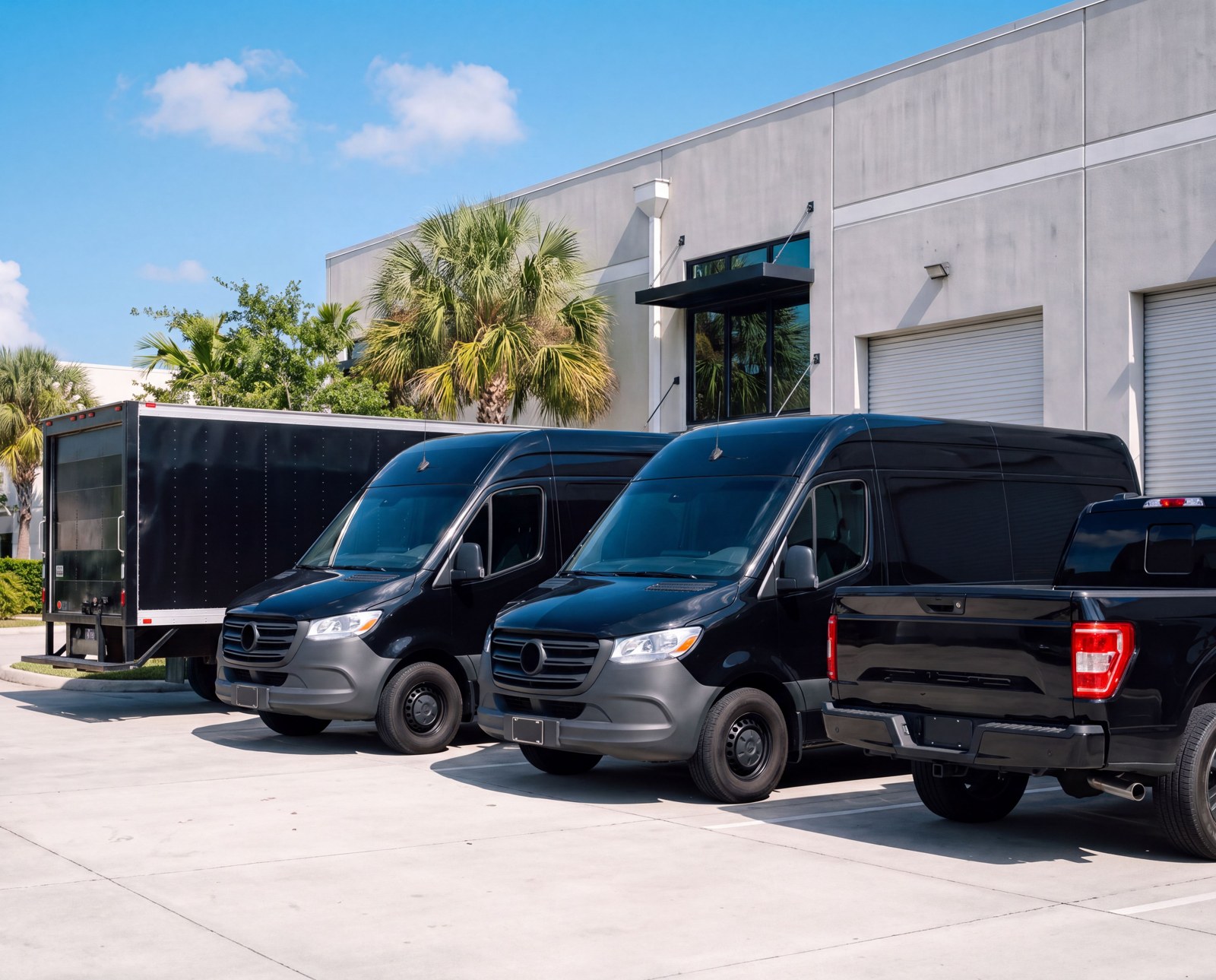 Black commercial vans, a box truck and a pickup parked outside a warehouse