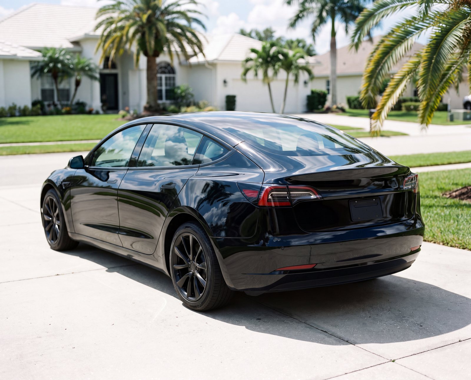 Glossy black sedan parked in a sunny Florida home driveway