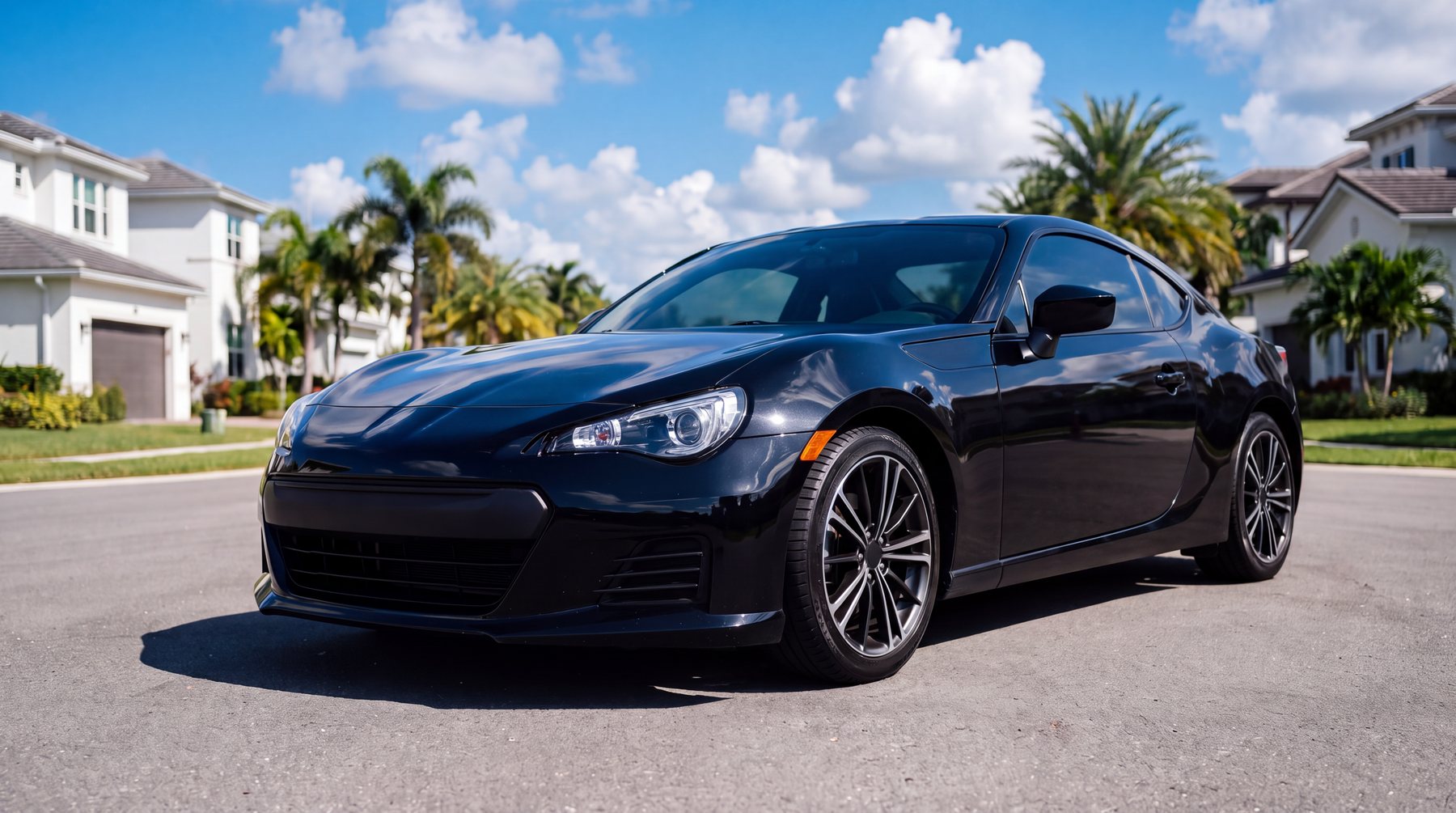 Glossy black sports coupe parked on a sunny palm-lined residential street