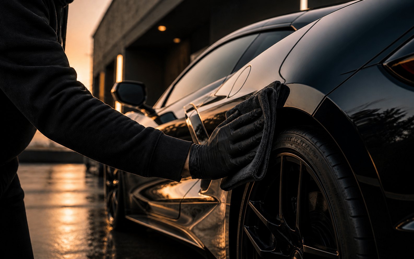 Detailer wiping down a black sports car with a microfiber towel at sunset